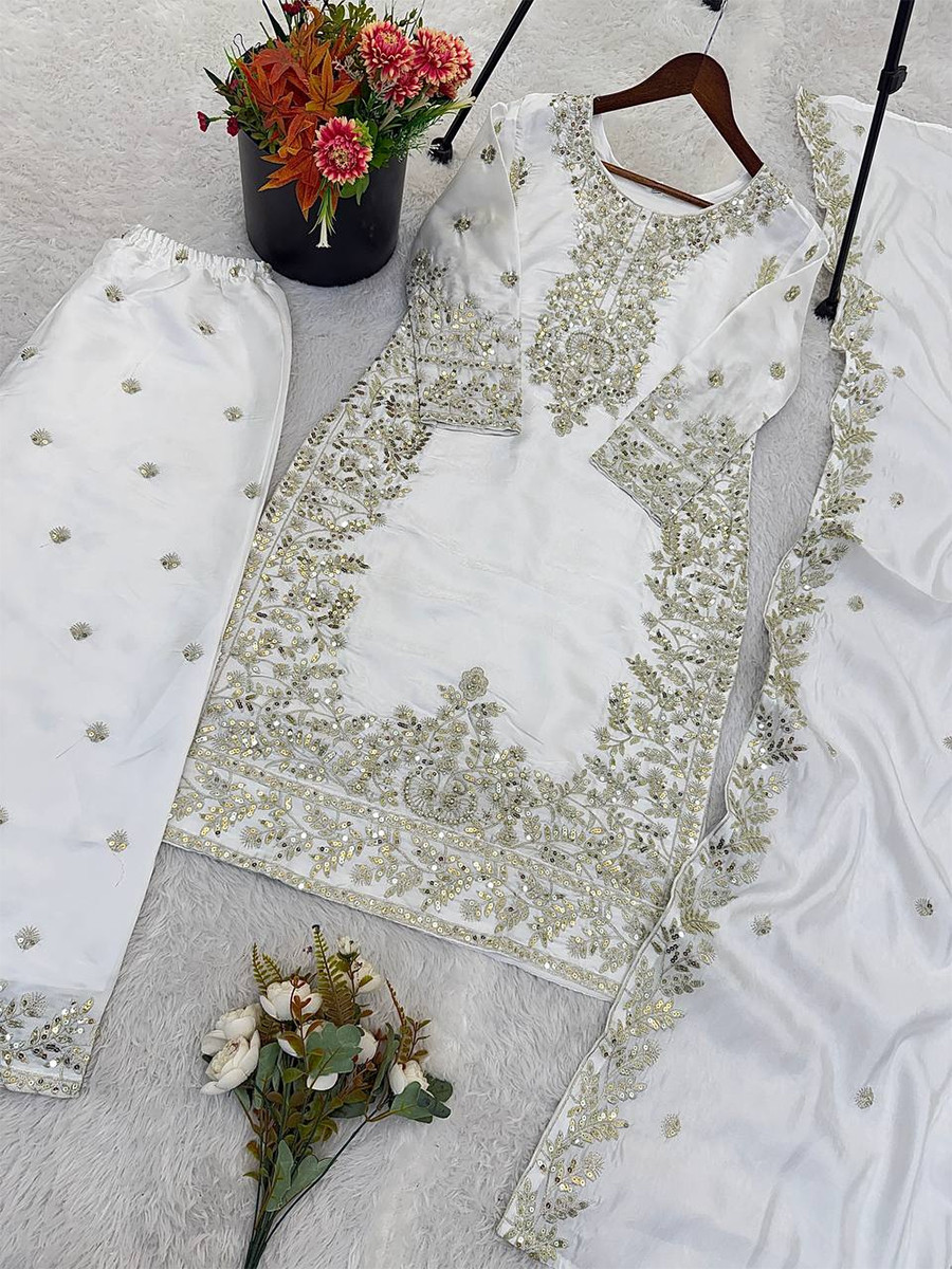 White Pure Gmy Silk Embroidery Sequins Party Wedding Festival Casual Ready Palazzo Pant Salwar Kameez