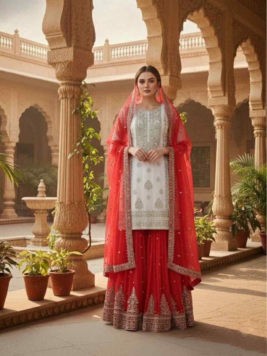 White Pure Heavy Georgette Embroidery Party Wedding Festival Casual Ready Palazzo Pant Salwar Kameez