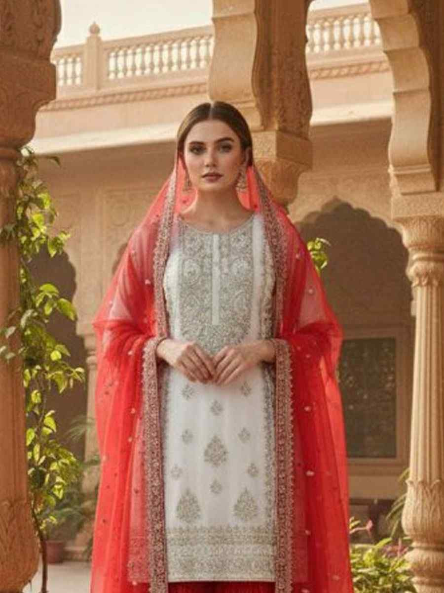 White Pure Heavy Georgette Embroidery Party Wedding Festival Casual Ready Palazzo Pant Salwar Kameez