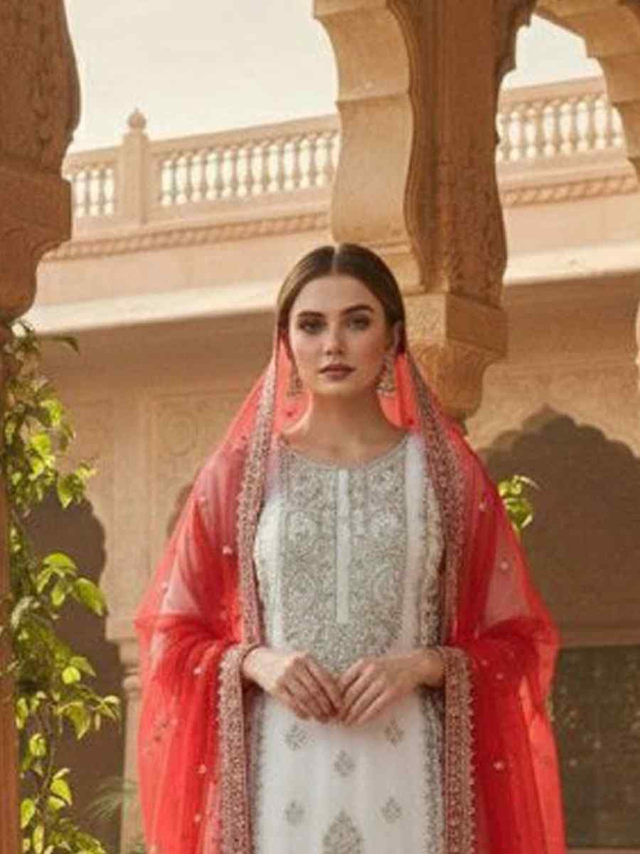 White Pure Heavy Georgette Embroidery Party Wedding Festival Casual Ready Palazzo Pant Salwar Kameez