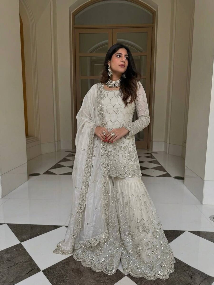 White Pure Heavy Gmy Silk Embroidery Sequins Mirror Hand Work Wedding Party Festival Casual Ready Sharara Pant Salwar Kameez