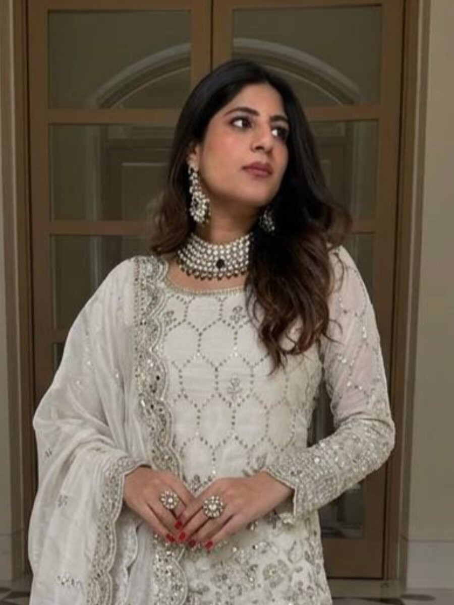 White Pure Heavy Gmy Silk Embroidery Sequins Mirror Hand Work Wedding Party Festival Casual Ready Sharara Pant Salwar Kameez