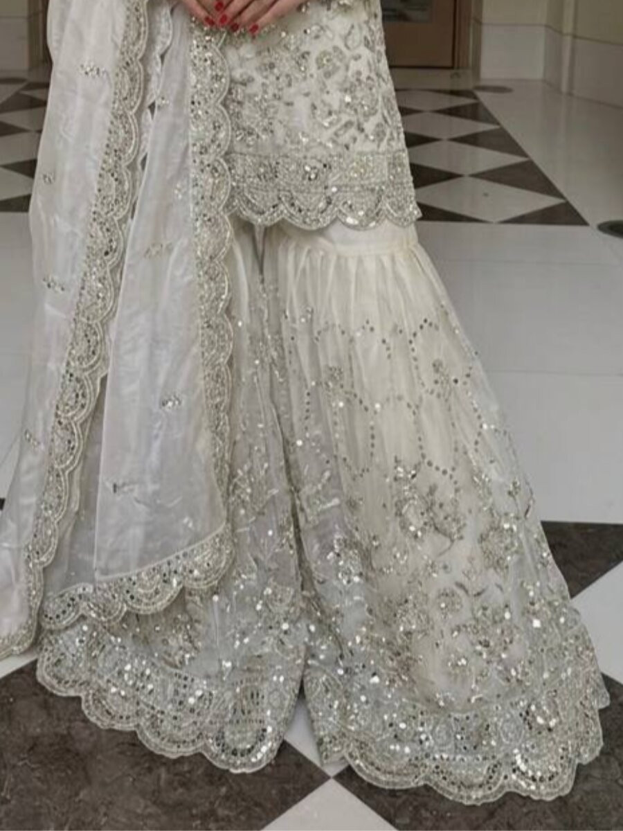 White Pure Heavy Gmy Silk Embroidery Sequins Mirror Hand Work Wedding Party Festival Casual Ready Sharara Pant Salwar Kameez
