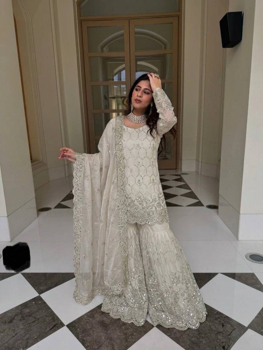 White Pure Heavy Gmy Silk Embroidery Sequins Mirror Hand Work Wedding Party Festival Casual Ready Sharara Pant Salwar Kameez
