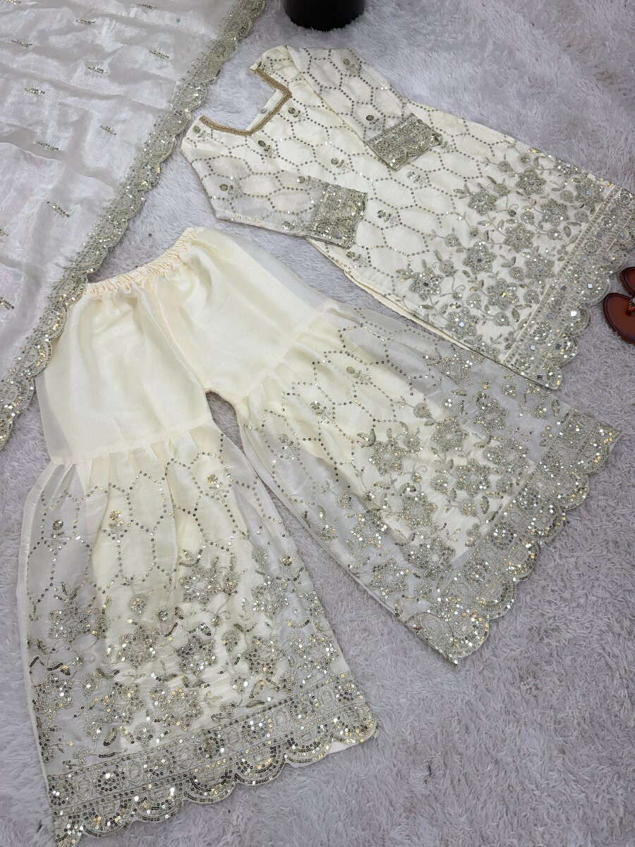 White Pure Heavy Gmy Silk Embroidery Sequins Mirror Hand Work Wedding Party Festival Casual Ready Sharara Pant Salwar Kameez
