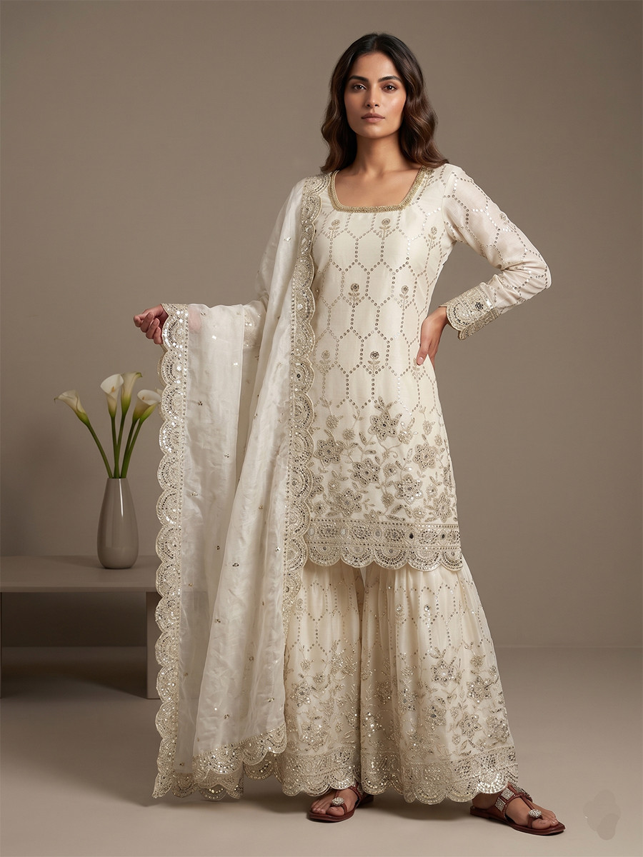 White Pure Heavy Gmy Silk Embroidery Sequins Real Mirror Hand Work Wedding Party Festival Casual Ready Sharara Pant Salwar Kameez