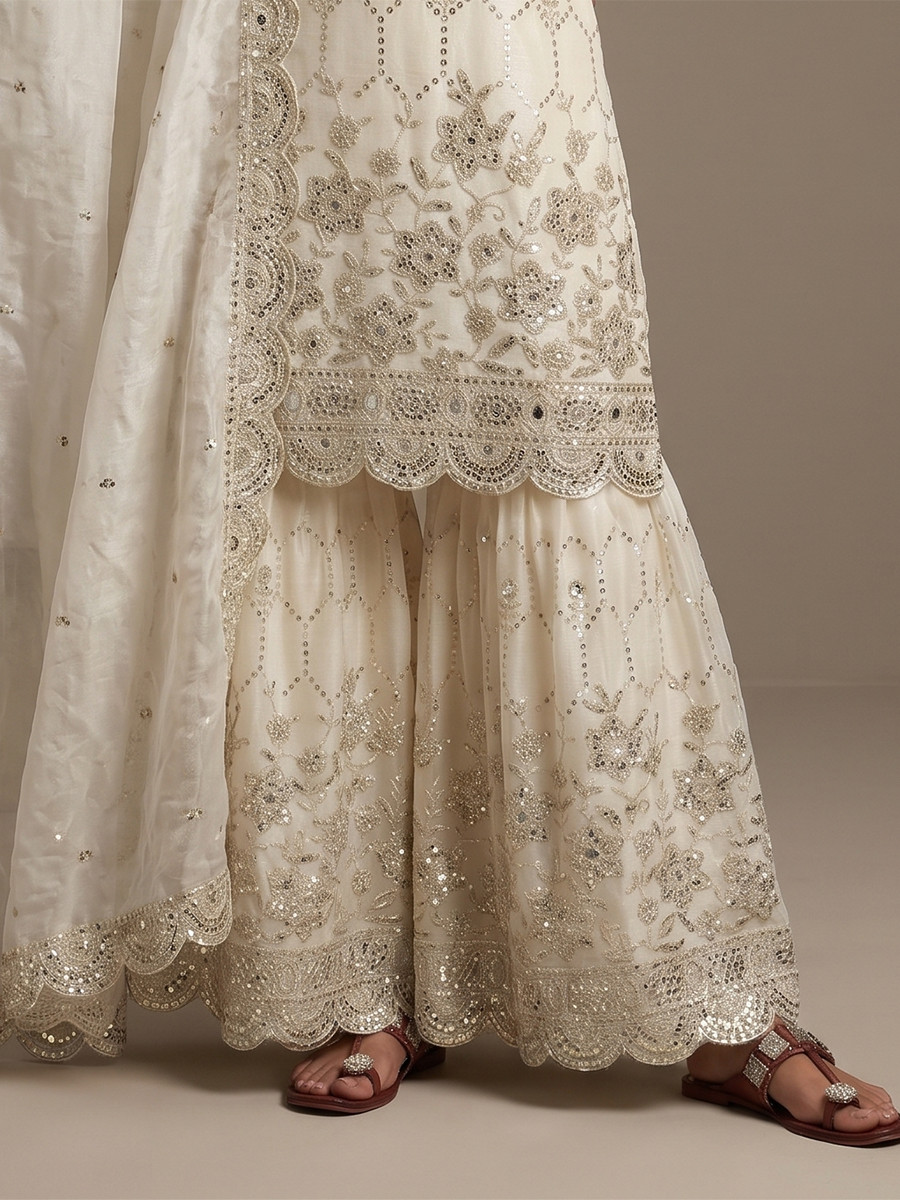 White Pure Heavy Gmy Silk Embroidery Sequins Real Mirror Hand Work Wedding Party Festival Casual Ready Sharara Pant Salwar Kameez
