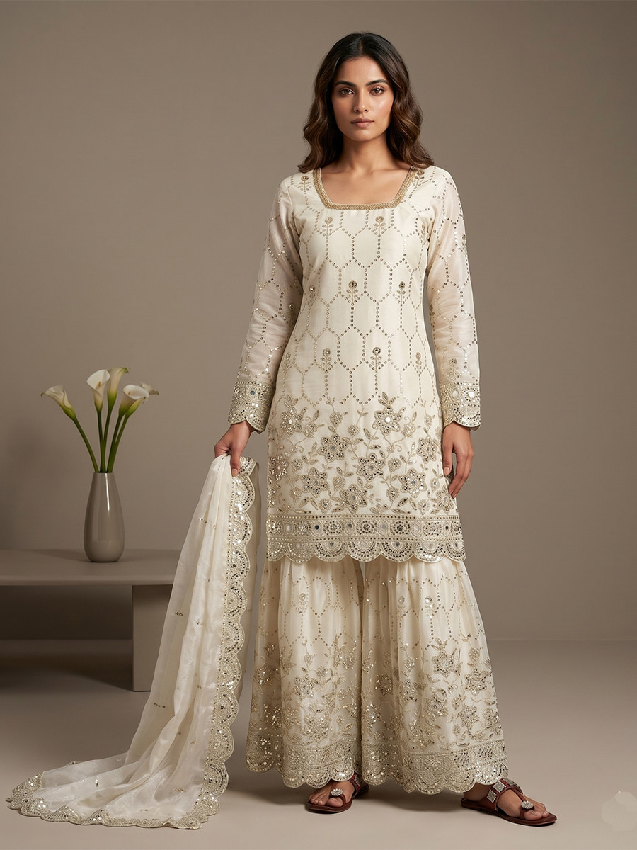 White Pure Heavy Gmy Silk Embroidery Sequins Real Mirror Hand Work Wedding Party Festival Casual Ready Sharara Pant Salwar Kameez