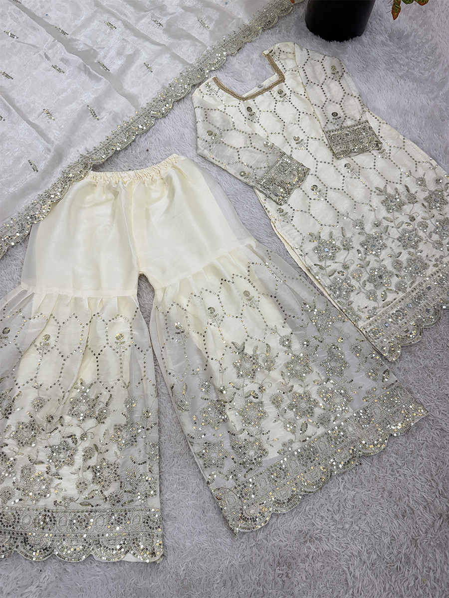 White Pure Heavy Gmy Silk Embroidery Sequins Real Mirror Hand Work Wedding Party Festival Casual Ready Sharara Pant Salwar Kameez
