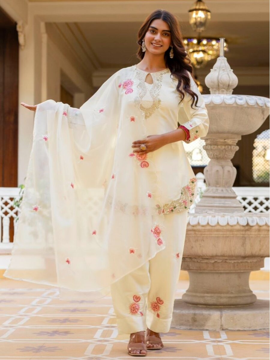 White Pure Japan Satin Embroidery Sequins Zari Wedding Party Festival Ready Palazzo Pant Salwar Kameez