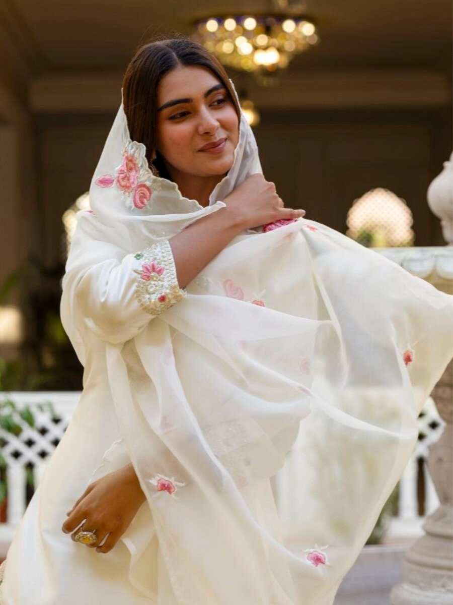 White Pure Japan Satin Embroidery Sequins Zari Wedding Party Festival Ready Palazzo Pant Salwar Kameez