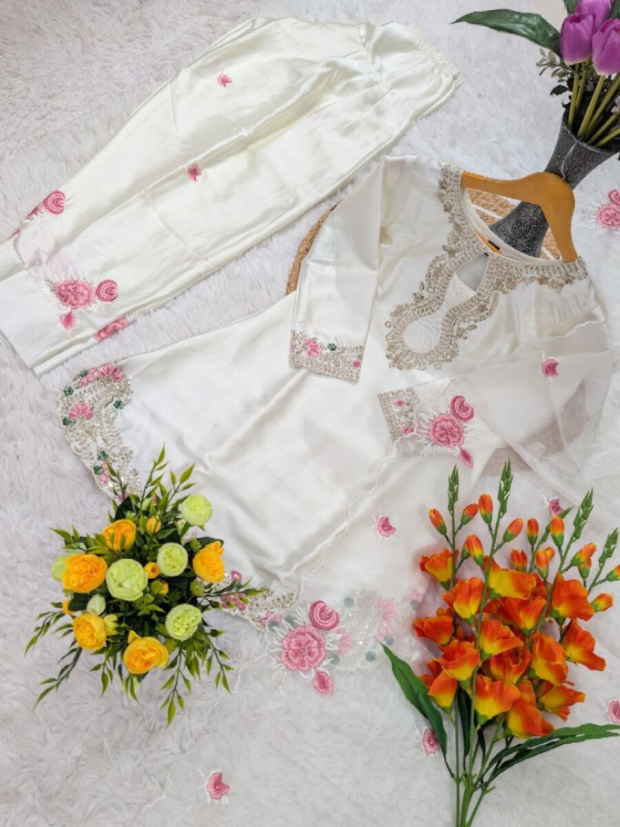 White Pure Japan Satin Embroidery Sequins Zari Wedding Party Festival Ready Palazzo Pant Salwar Kameez