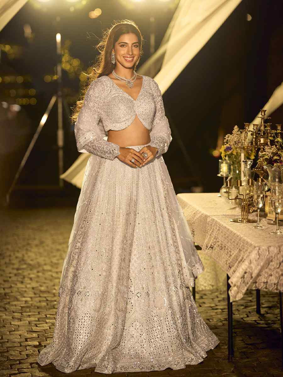 White Pure Net Embroidered Wedding Reception Festival Heavy Border Lehenga Choli