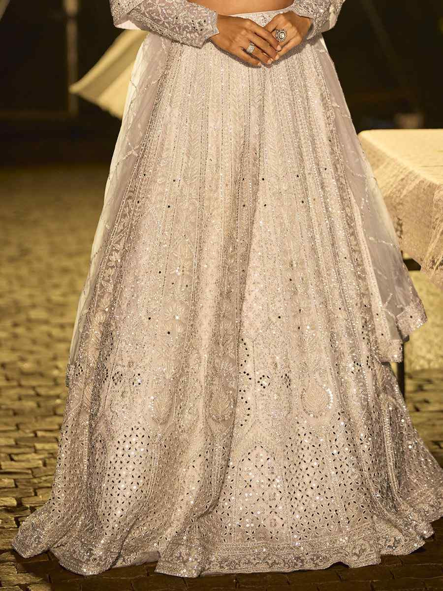 White Pure Net Embroidered Wedding Reception Festival Heavy Border Lehenga Choli