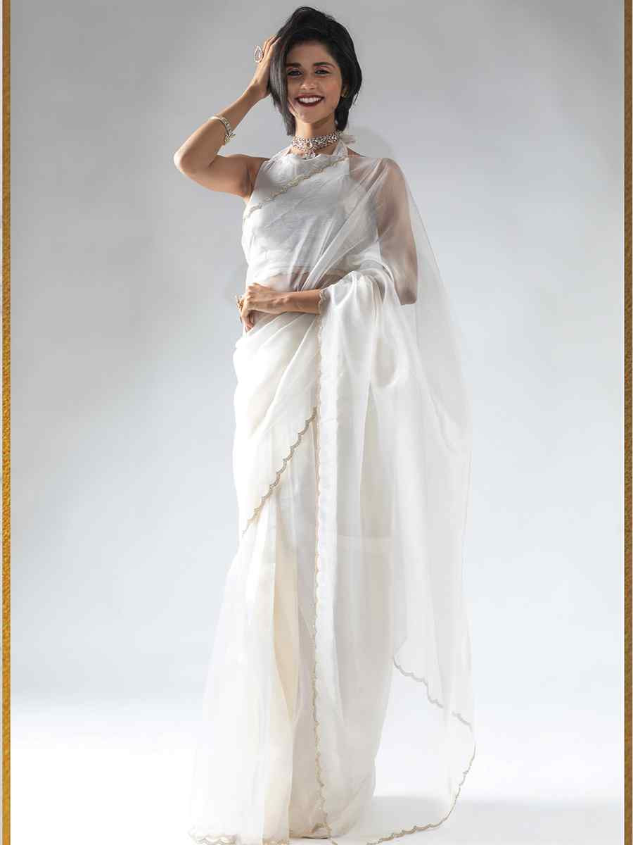 White Pure Organza Handwoven Festival Wedding Fancy Heavy Border Saree