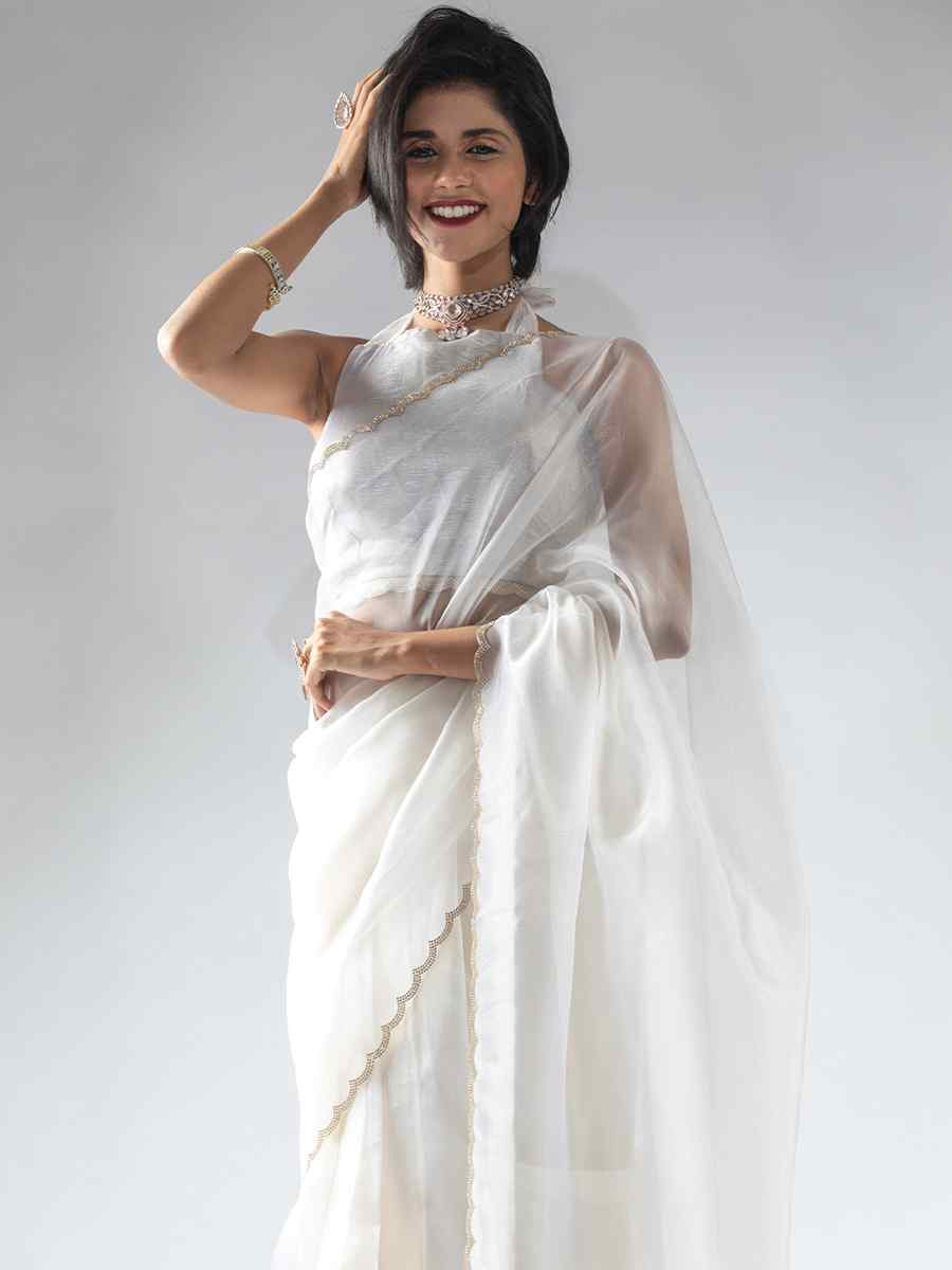 White Pure Organza Handwoven Festival Wedding Fancy Heavy Border Saree