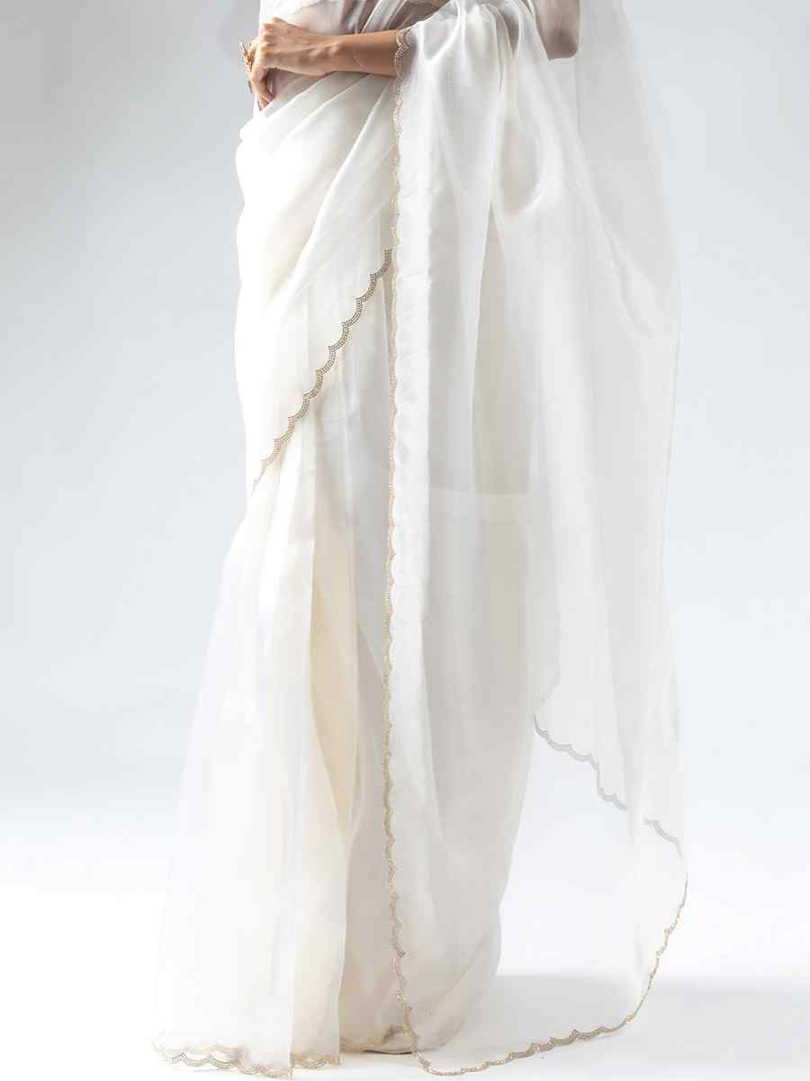White Pure Organza Handwoven Festival Wedding Fancy Heavy Border Saree