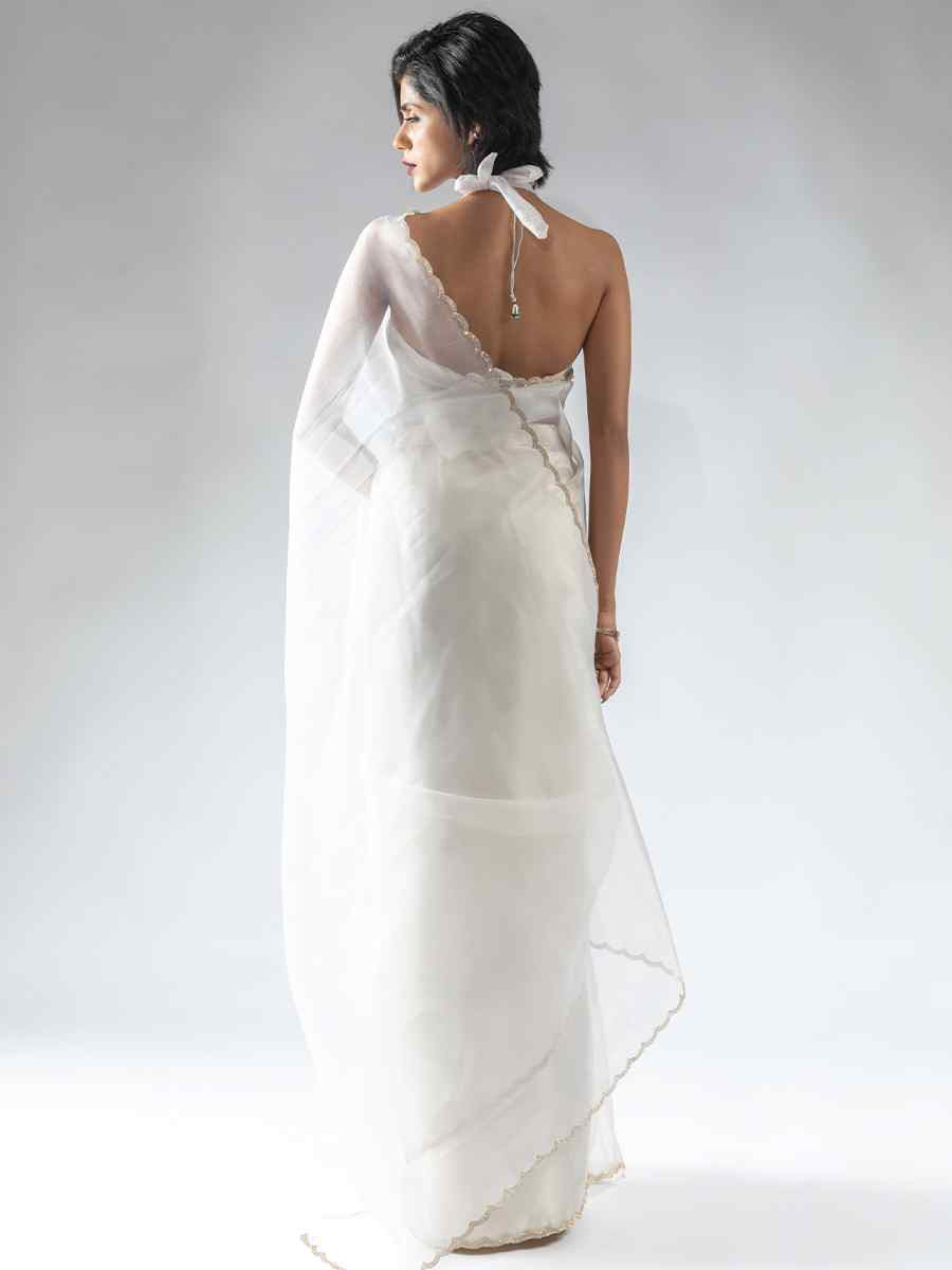 White Pure Organza Handwoven Festival Wedding Fancy Heavy Border Saree