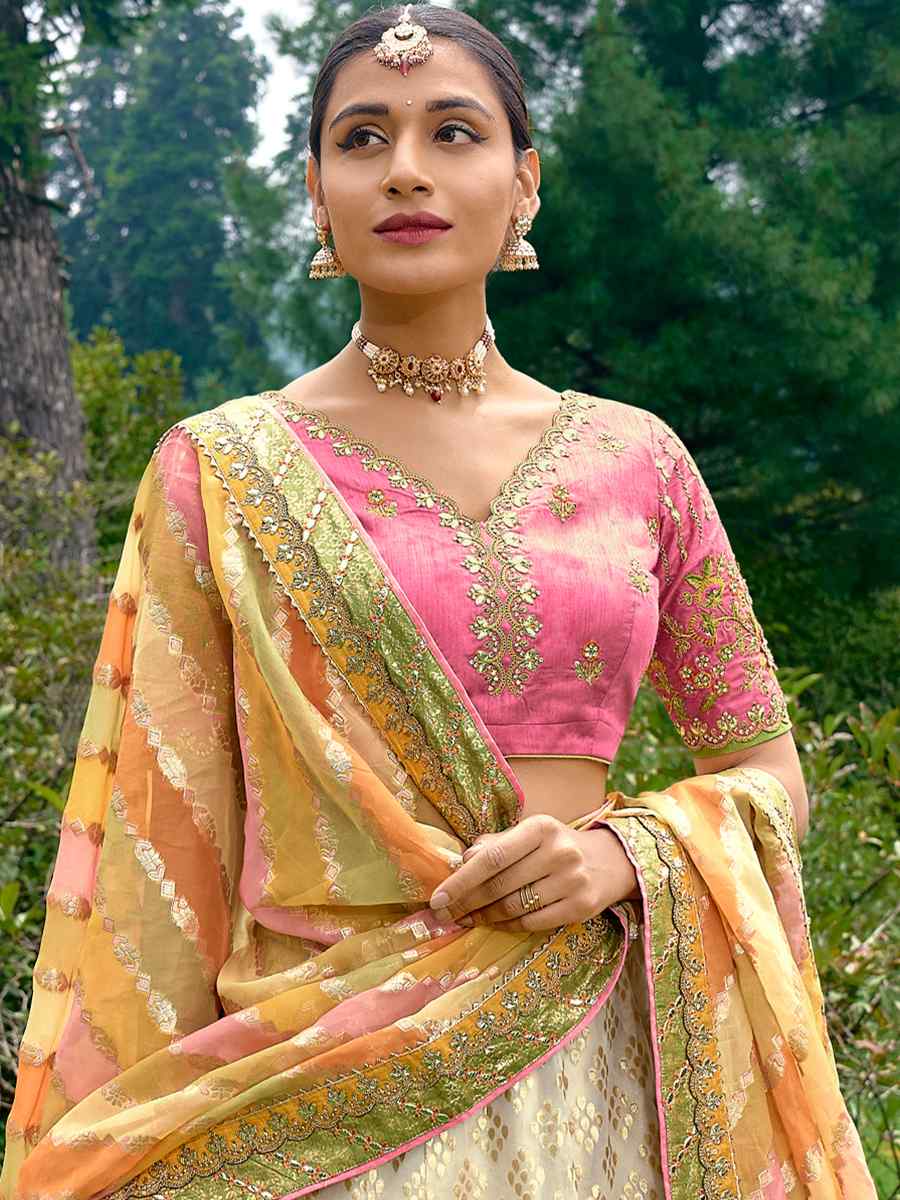 White Pure Raw Silk Embroidered Bridal Wedding Heavy Border Lehenga Choli