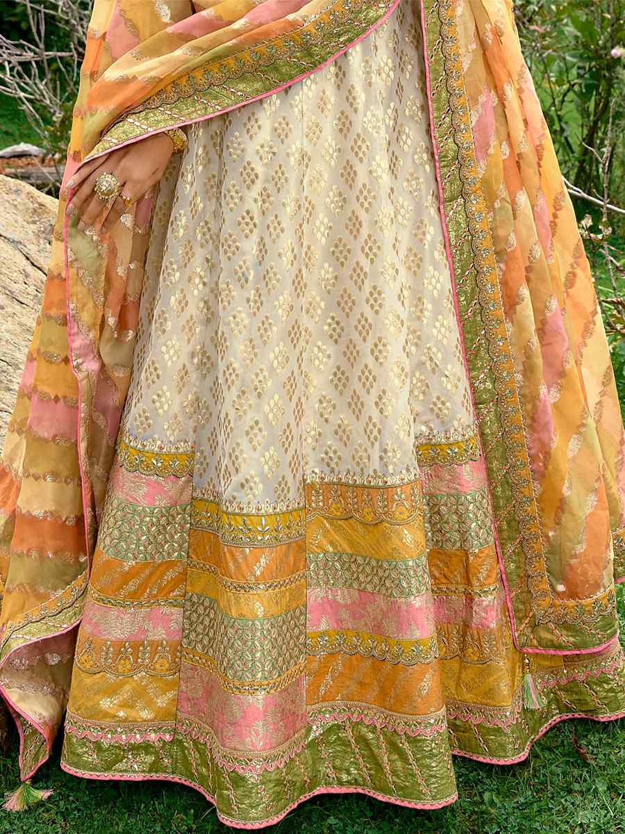 White Pure Raw Silk Embroidered Bridal Wedding Heavy Border Lehenga Choli