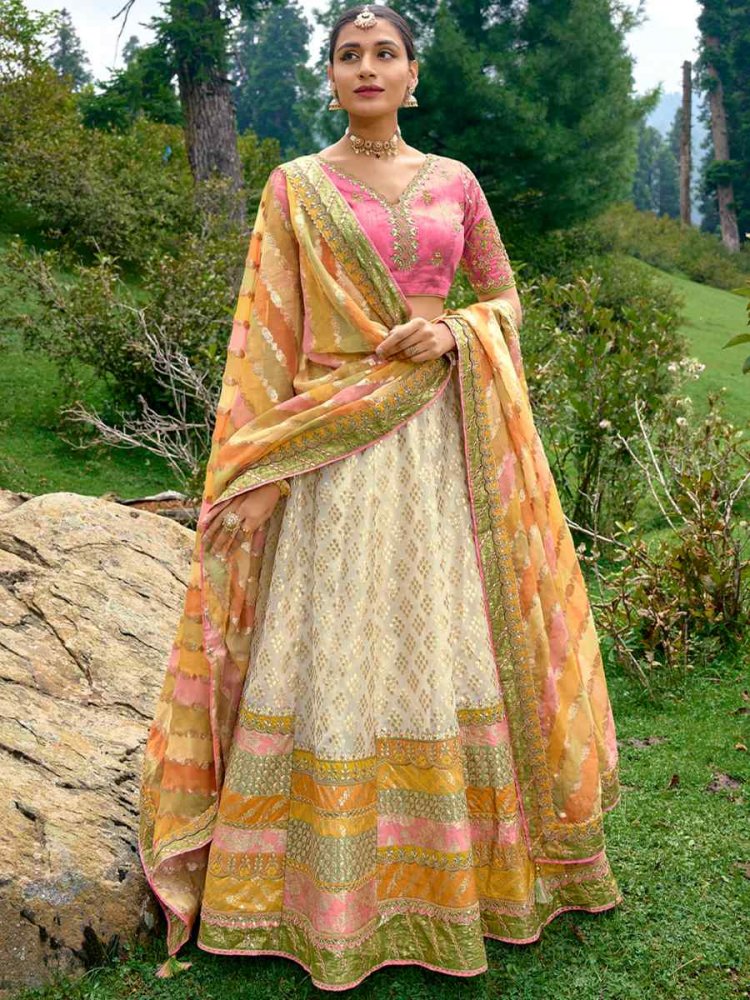 White Pure Raw Silk Embroidered Bridal Wedding Heavy Border Lehenga Choli