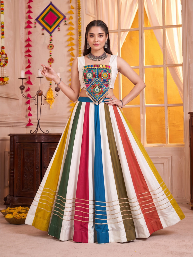 Image of White Pure Rayon Mirror Gamthi Wedding Reception Festival Party Wear Circular Lehenga Choli