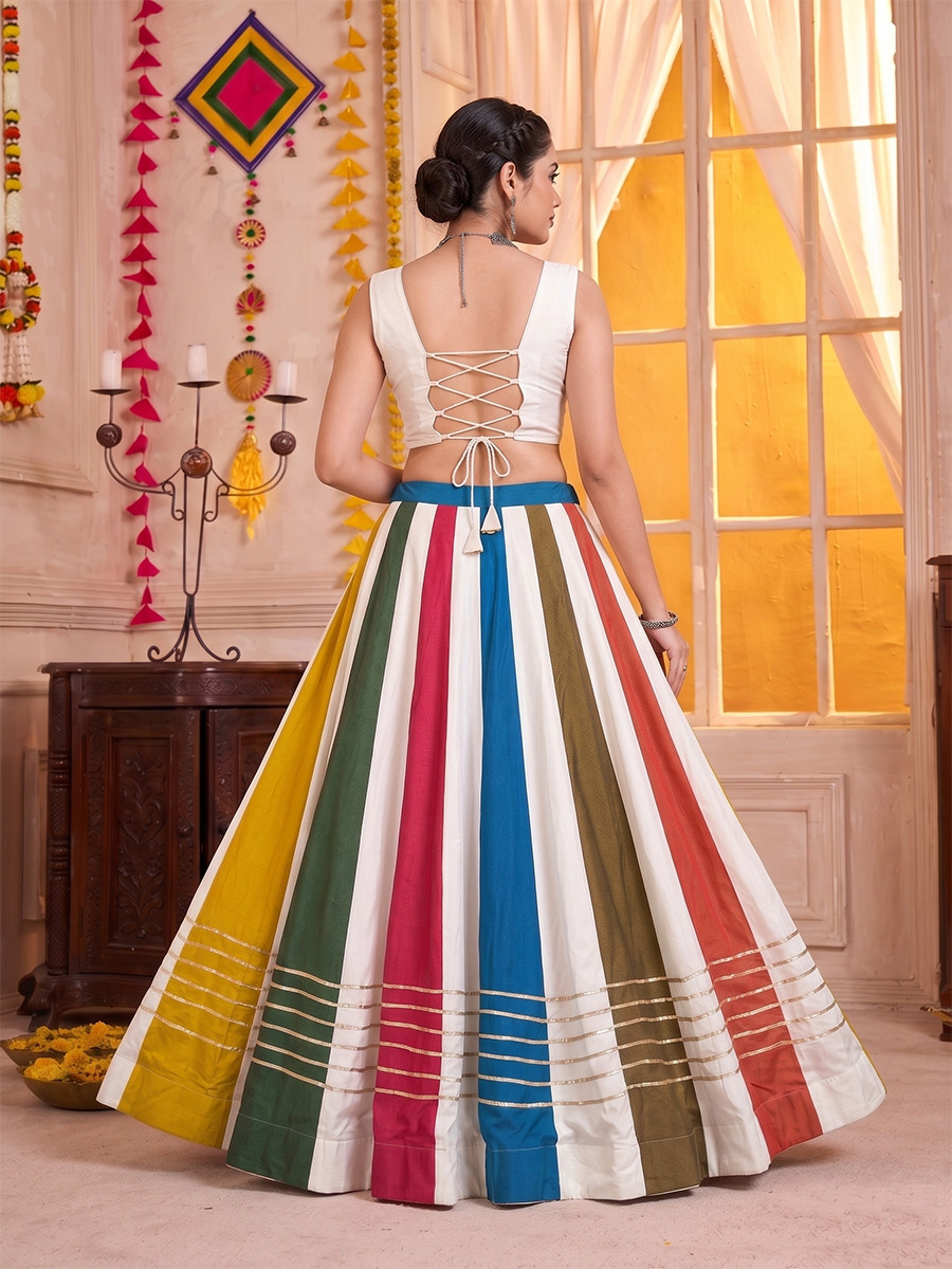 White Pure Rayon Mirror Gamthi Wedding Reception Festival Party Wear Circular Lehenga Choli