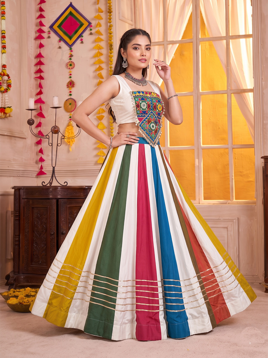 White Pure Rayon Mirror Gamthi Wedding Reception Festival Party Wear Circular Lehenga Choli