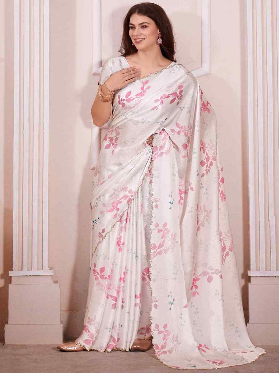 White Pure Satin Printed Casual Festival Contemporary Saree