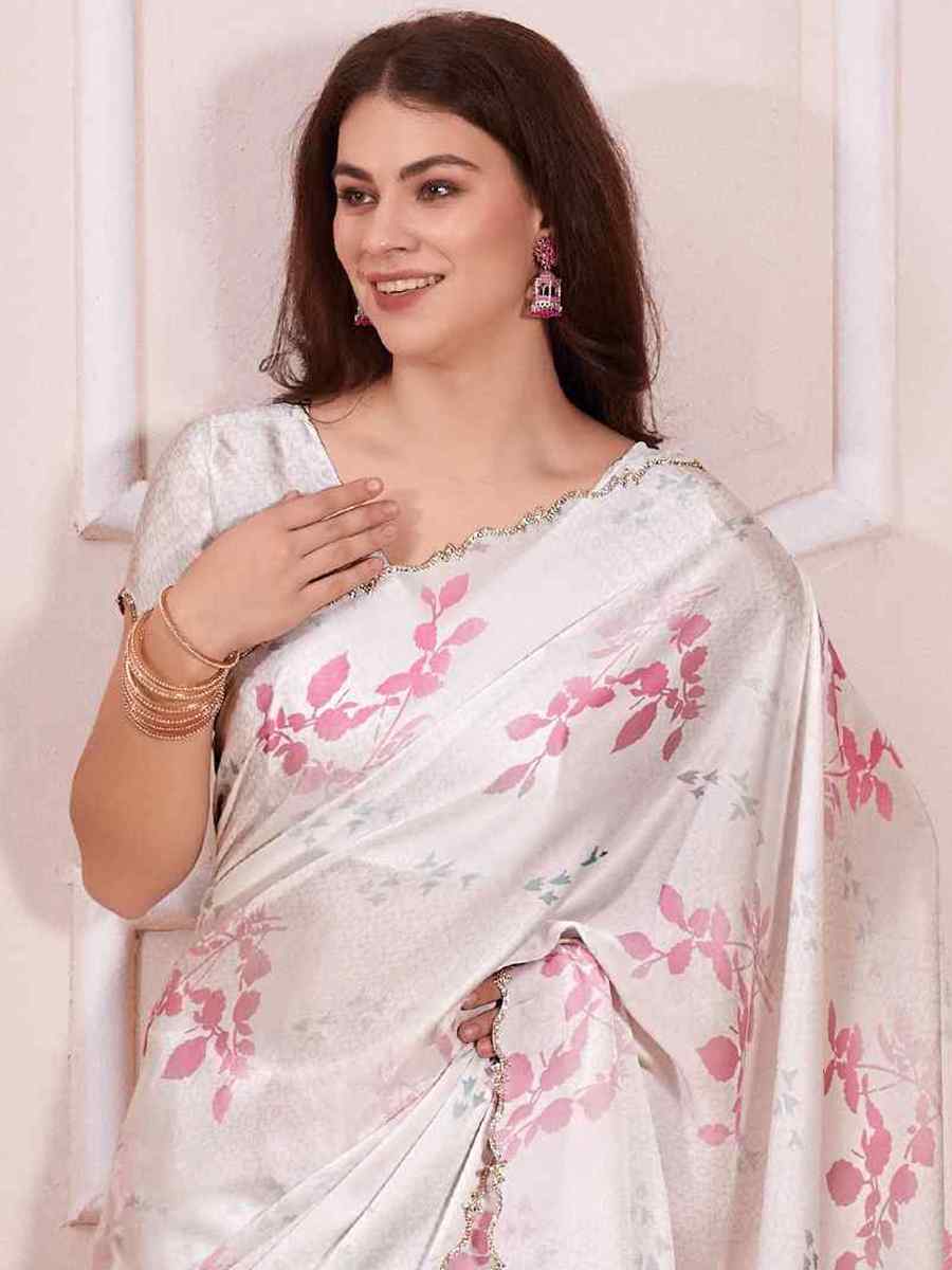 White Pure Satin Printed Casual Festival Contemporary Saree