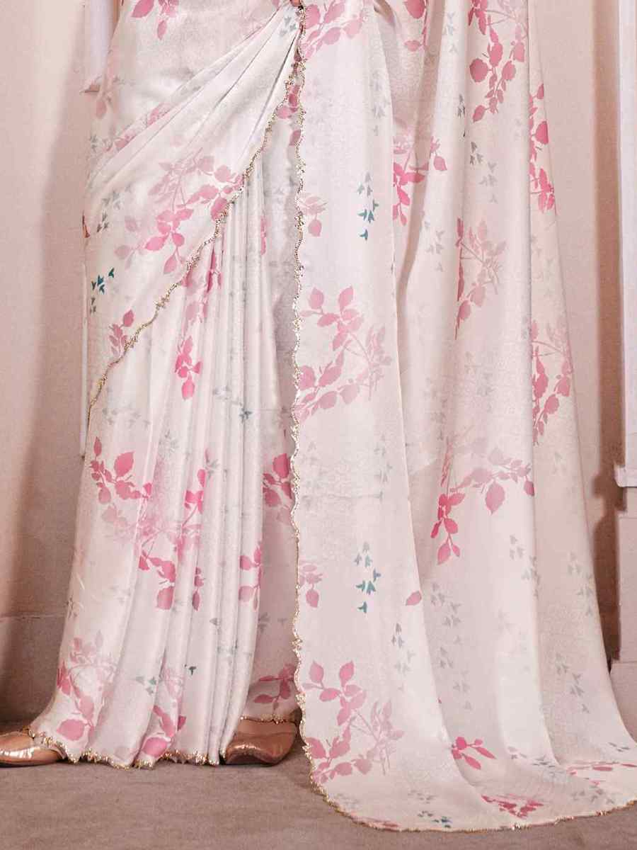 White Pure Satin Printed Casual Festival Contemporary Saree