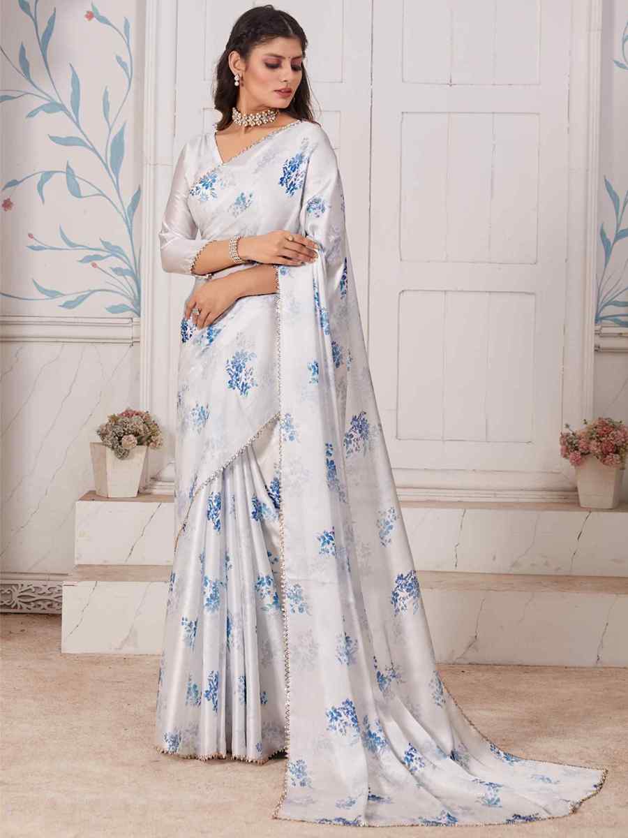 White Pure Satin Printed Casual Festival Contemporary Saree