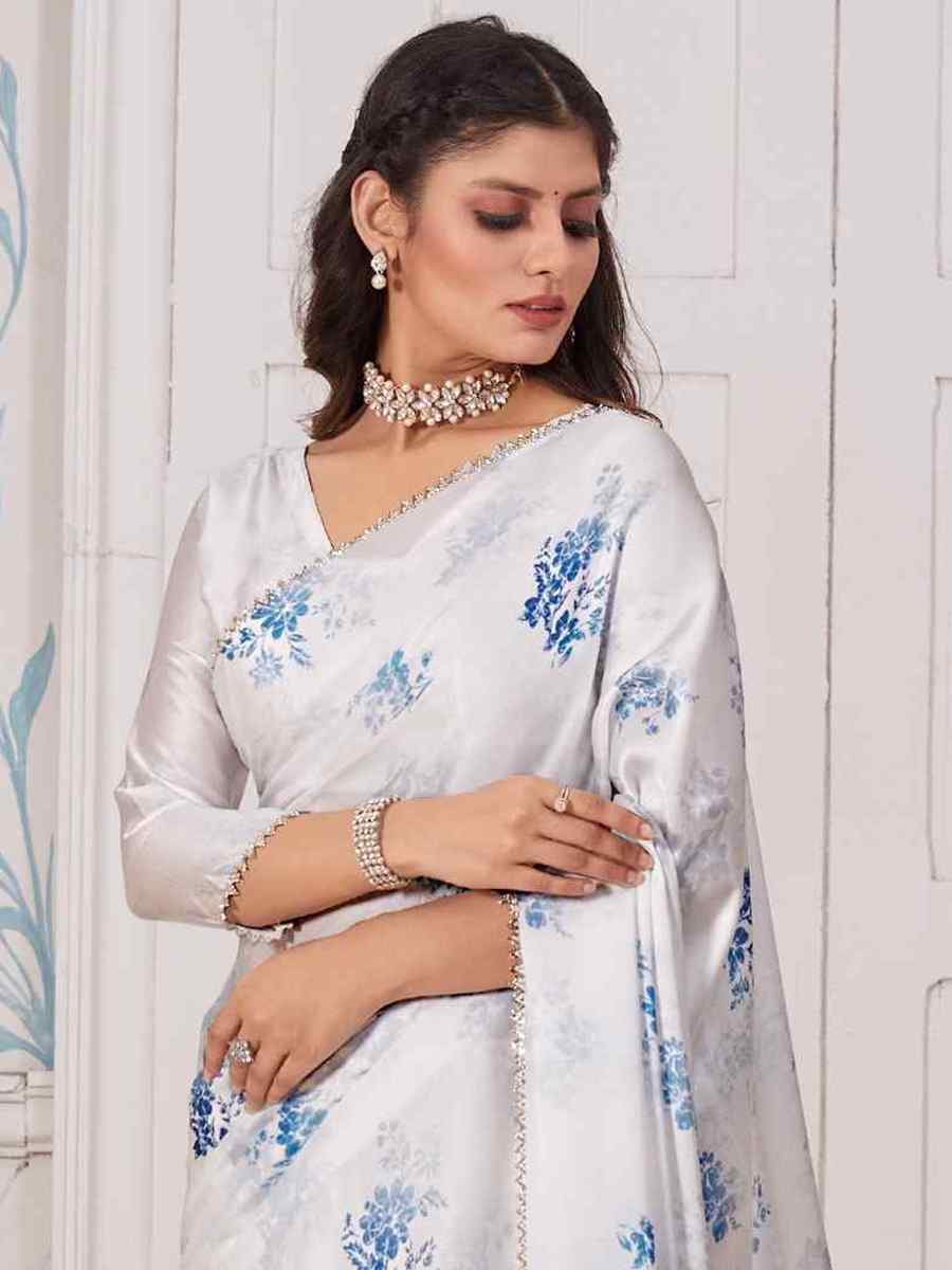 White Pure Satin Printed Casual Festival Contemporary Saree