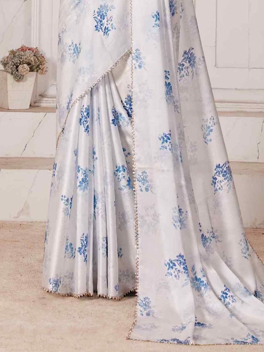 White Pure Satin Printed Casual Festival Contemporary Saree