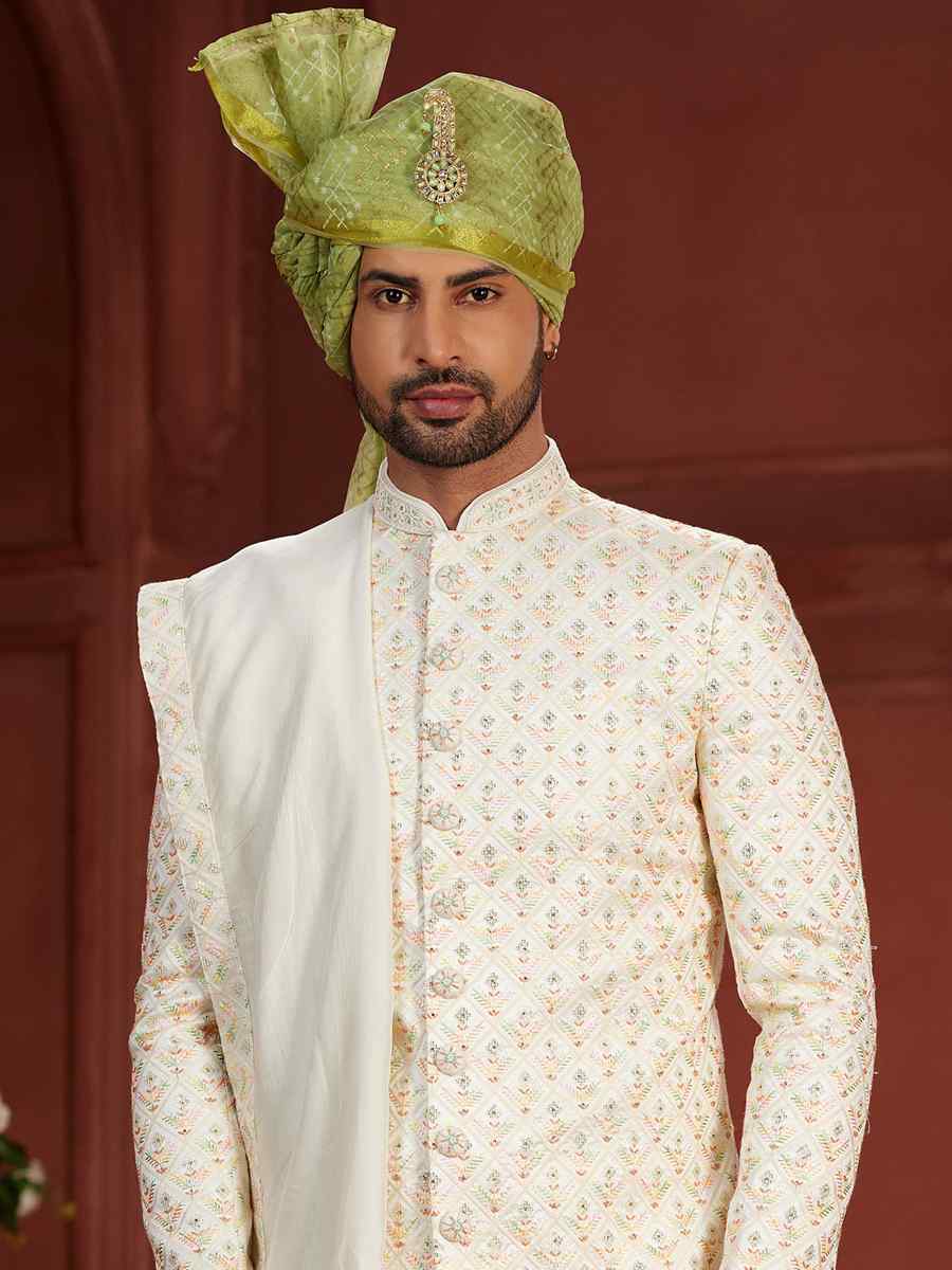 White Pure Silk Embroidered Groom Wedding Sherwani