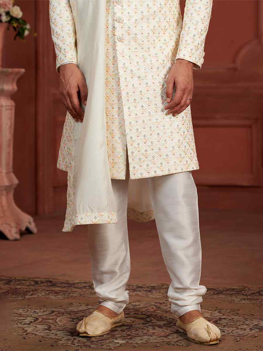 White Pure Silk Embroidered Groom Wedding Sherwani