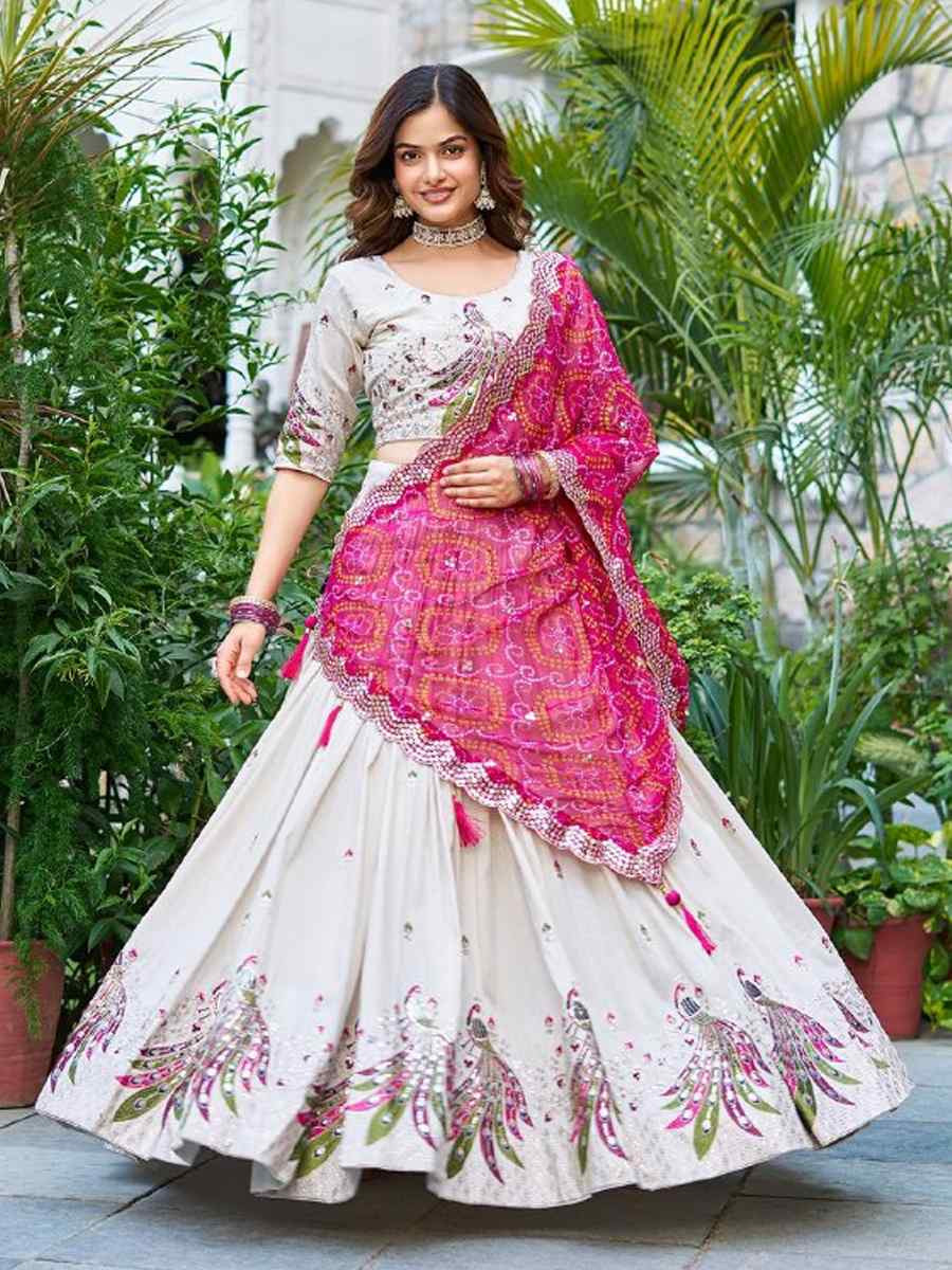 White Pure Tissue Silk Embroidered Reception Wedding Heavy Border Lehenga Choli