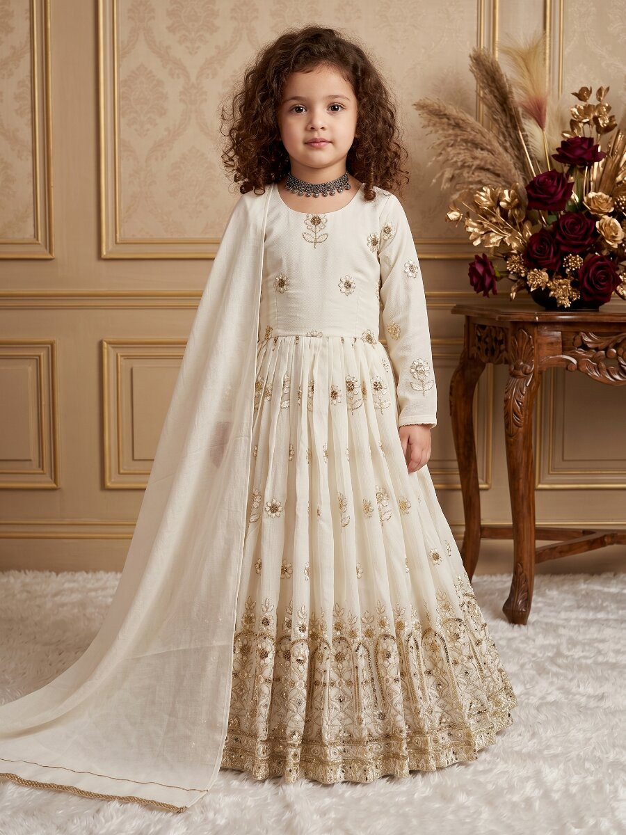 White Pure Vichitra Embroidered Sequins Ethnic Casual Festival Party Wedding Gown