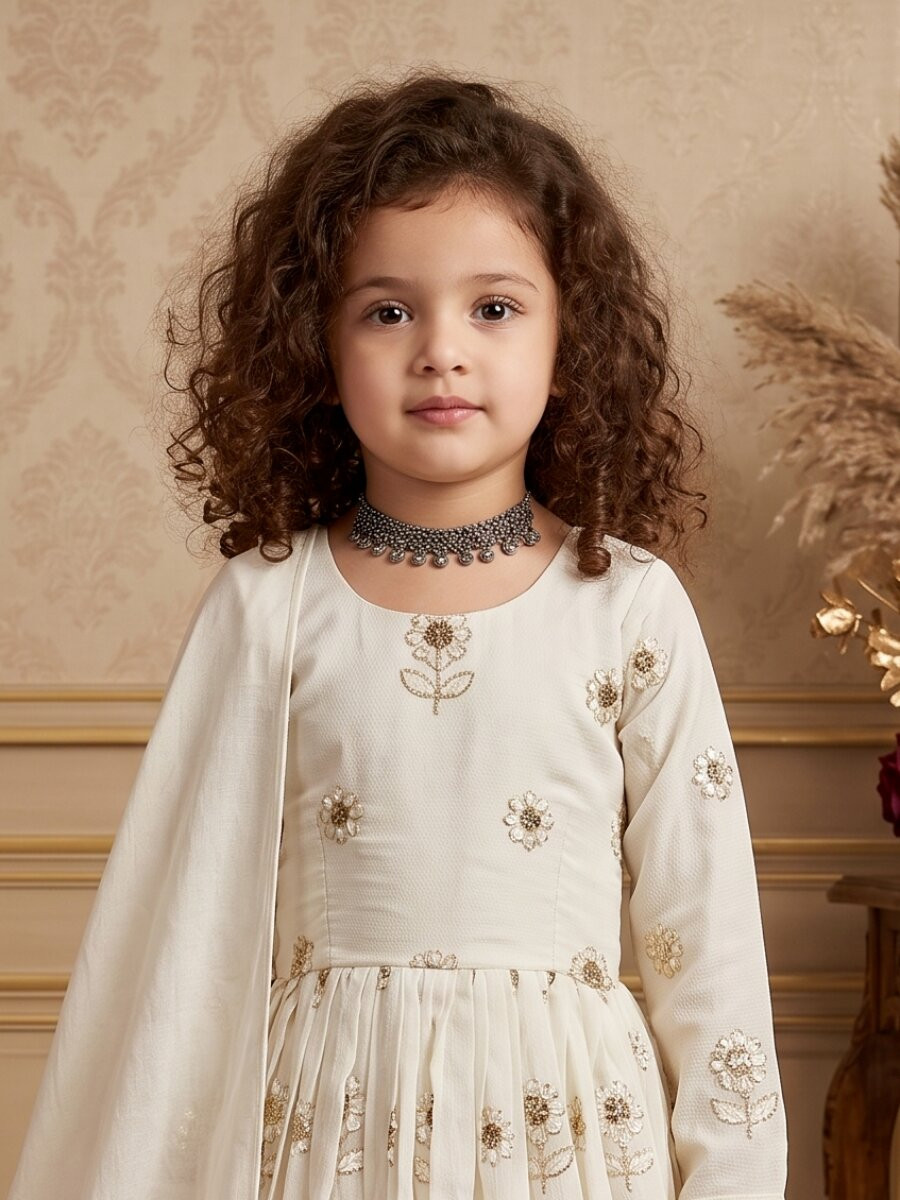 White Pure Vichitra Embroidered Sequins Ethnic Casual Festival Party Wedding Gown