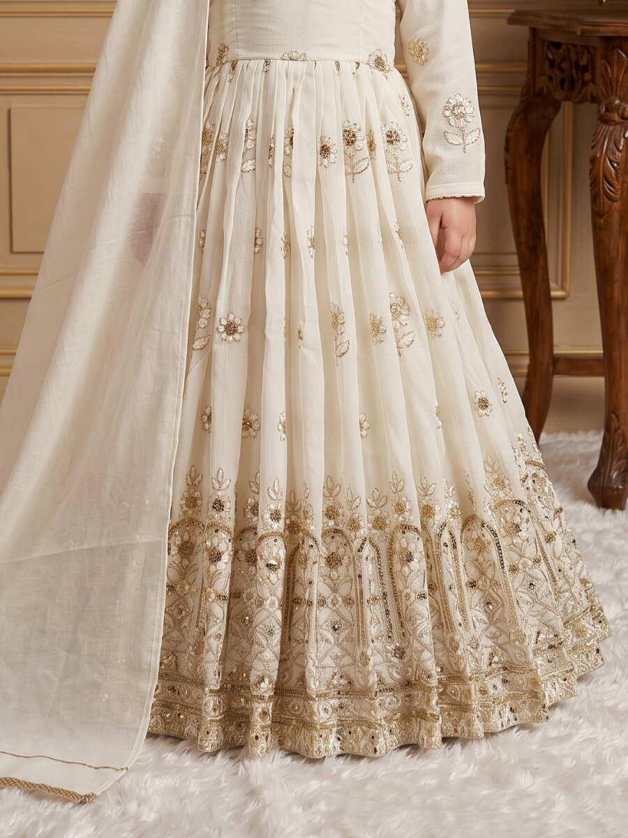 White Pure Vichitra Embroidered Sequins Ethnic Casual Festival Party Wedding Gown