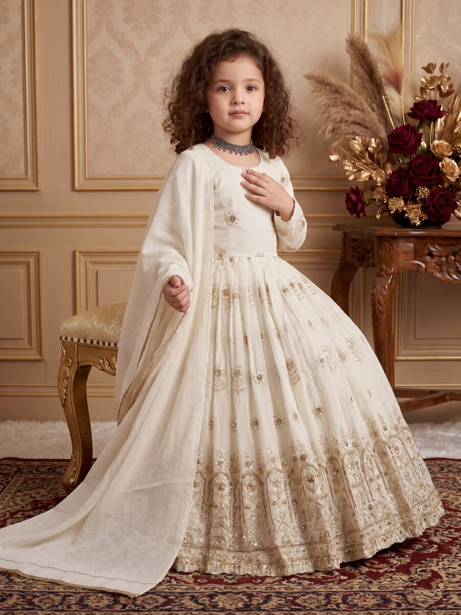 White Pure Vichitra Embroidered Sequins Ethnic Casual Festival Party Wedding Gown