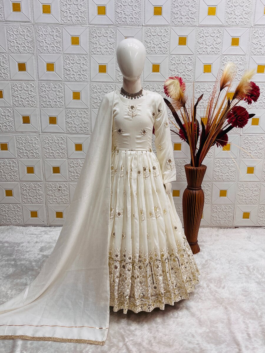 White Pure Vichitra Embroidered Sequins Ethnic Casual Festival Party Wedding Gown