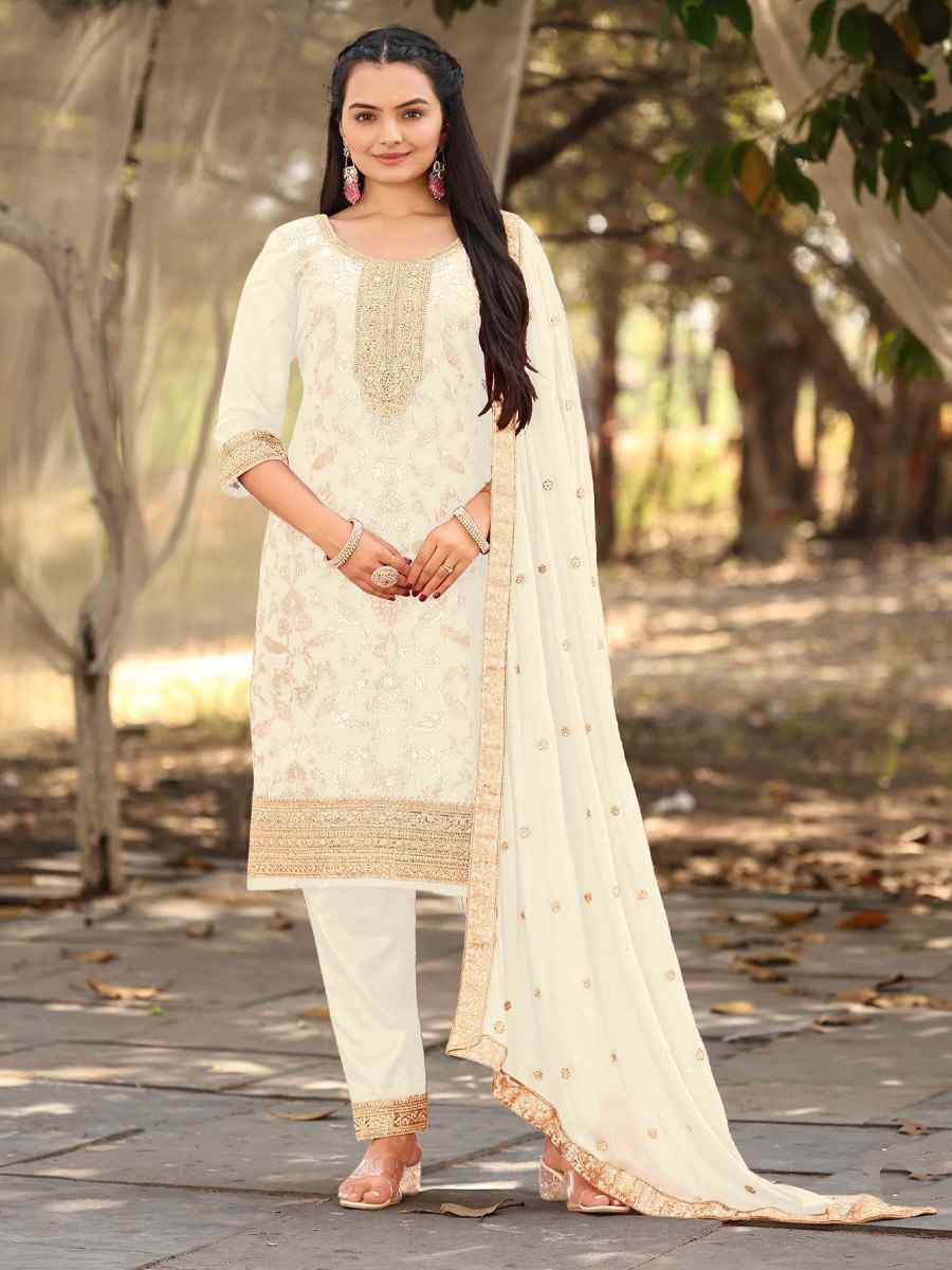 White Pure Viscose Jacquard Embroidery Party Wedding Festival Casual Ready Pant Salwar Kameez