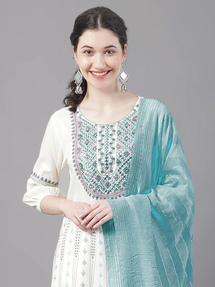 White Rayon Embroidered Festival Casual Ready Pant Salwar Kameez