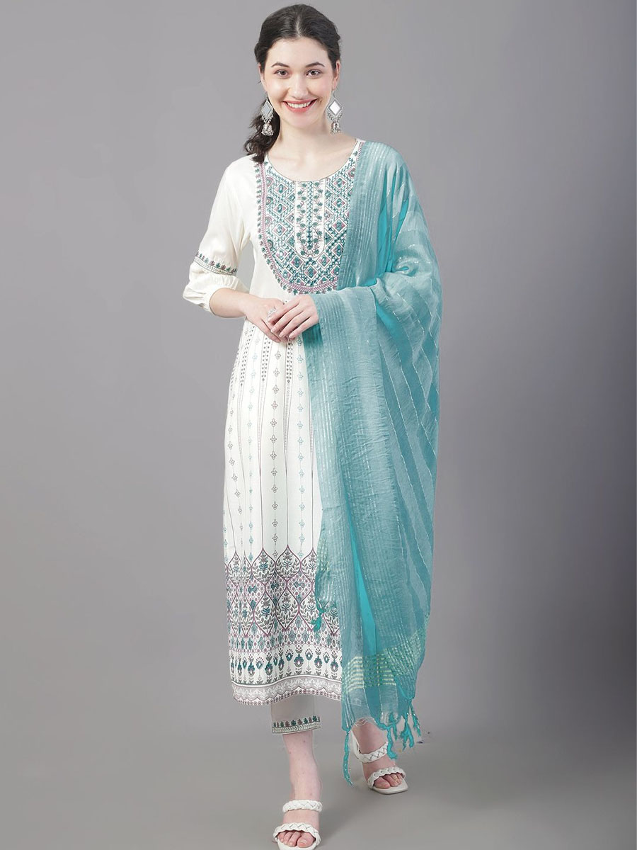 White Rayon Embroidered Festival Casual Ready Pant Salwar Kameez