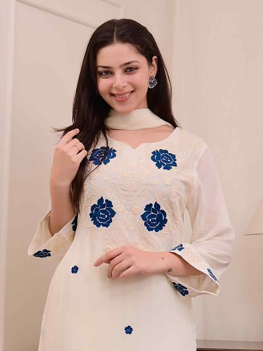 White Rayon Embroidered Party Wedding Ready Pant Salwar Kameez