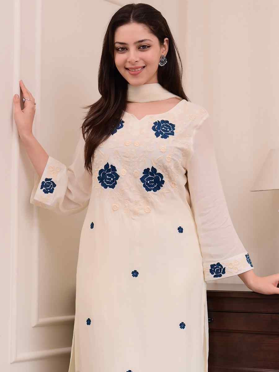 White Rayon Embroidered Party Wedding Ready Pant Salwar Kameez