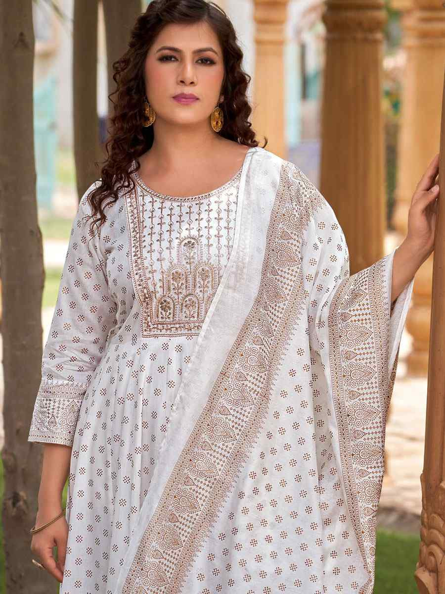 White Rayon Embroidery Party Wedding Festival Casual Ready Anarkali Salwar Kameez