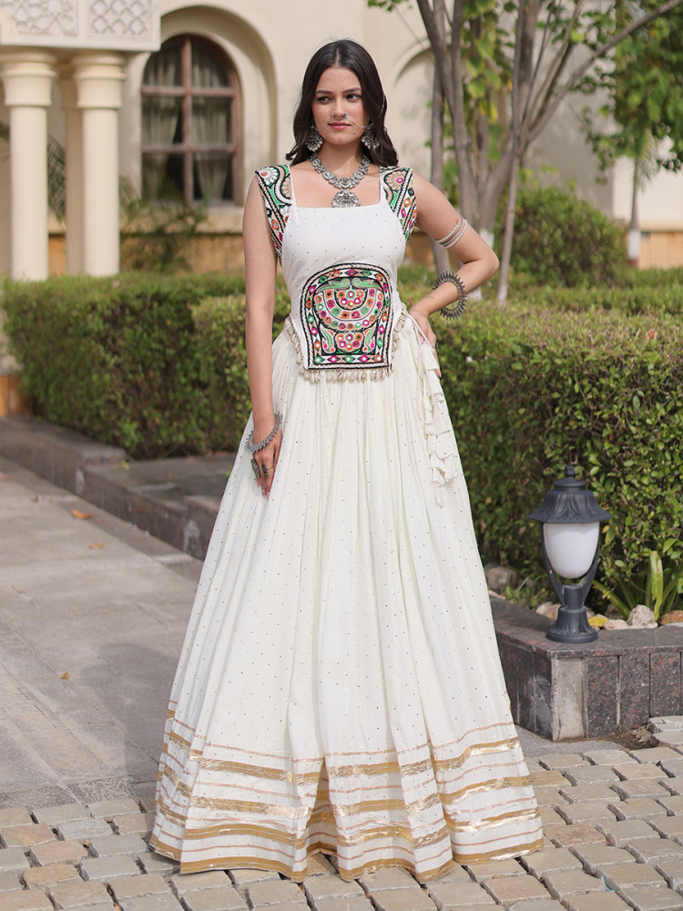 Image of White Rayon Gamthi Mirror Work Wedding Reception Festival Party Wear Ready Circular Lehenga Choli
