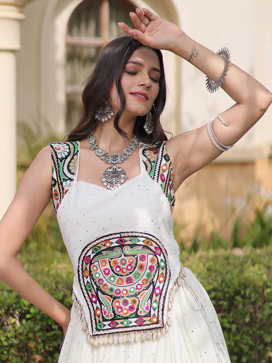 White Rayon Gamthi Mirror Work Wedding Reception Festival Party Wear Ready Circular Lehenga Choli